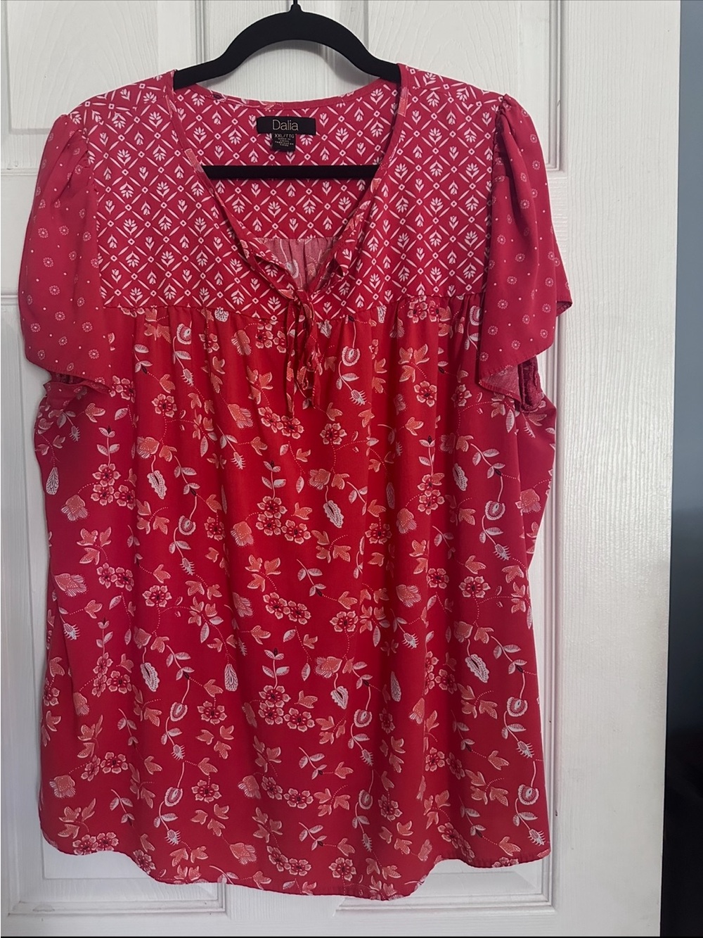 Dalia Pink-Red Floral Tie-Neck Blouse